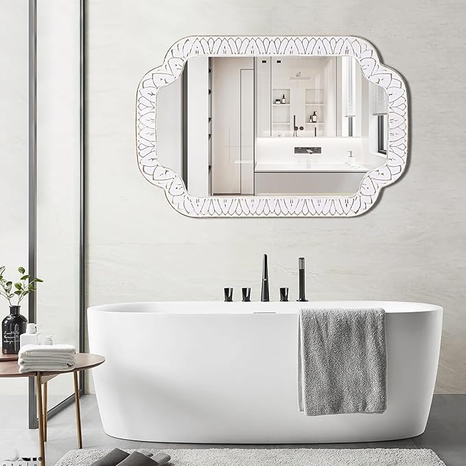 36x24 Inch Scalloped Wall Mirror with Wooden Frame, Rustic Farmhouse Bathroom Vanity Mirror, Decorative Mirrors for Living Room, Bedroom, Entryway – Vertical or Horizontal Mount