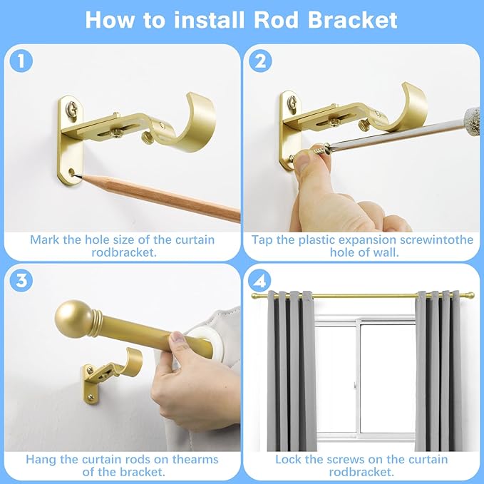 Curtain Rods for Windows 16 to 120 Inches, Curtain Rod Max Adjustable Length of 132 IN, 6/8" Diameter Drapery Rods Round Finials, Warm Gold, Pack of 1