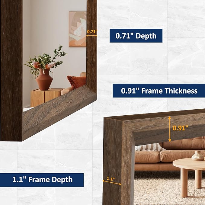 WEER Walnut Bathroom Mirror, Walnut Framed Mirror 40X36 Inch, Rectangle Wall Mounted Bathroom Vanity Mirror with Tempered Glass, Hangs Vertically or Horizontally, Anti-Rust