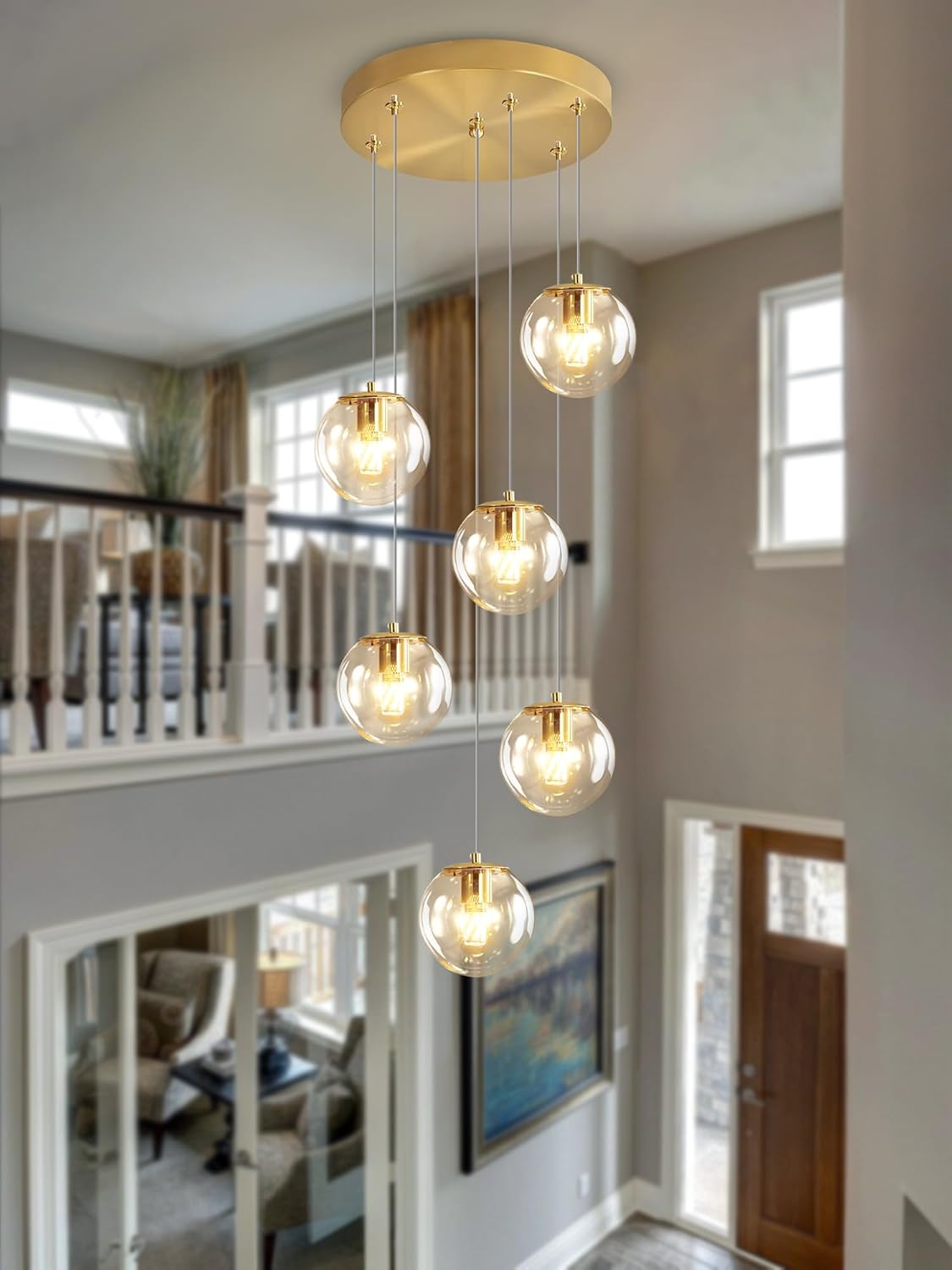 H 87in Modern Glass Globe Chandelier 6-Lights Pendant Light for Staircase Mid Century Globe Chandelier Clear Glass Hanging Lighting for Living Room Bedroom Entryway