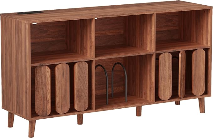 Large Record Player Stand, Record Player Table Vinyl Record Storage Holder Records Cabinet Organizer with Power Outlet for Living Room, Walnut