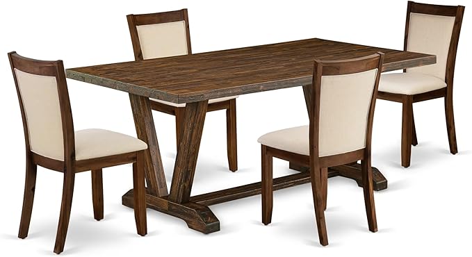 East West Furniture V777MZN32-5 5 Piece Modern Dining Table Set Includes a Rectangle Wooden Table with V-Legs and 4 Light Beige Linen Fabric Upholstered Chairs, 40x72 Inch, Multi-Color