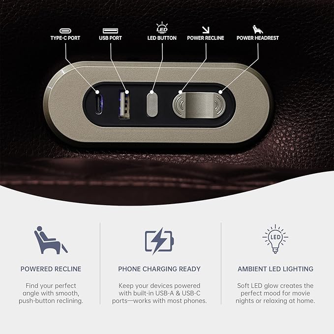 PU Leather Power Wall Hugger Chair Double Reclining Sectional Sofa 2-Seater Loveseat Couch with Center Storage Console, USB Ports, Cup Holders and Ambient LED Light for Living Room RV Theater Seating