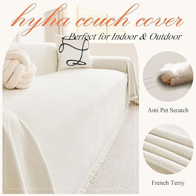 hyha Couch Cover for Dogs, Boho Sofa Covers for 3 Cushion Couch Washable, Chenille Sofa Slipcover for Pets, Soft Loveseat Sectional Couch Throw Blankets with Tassels (Beige, 71x118 Inch)