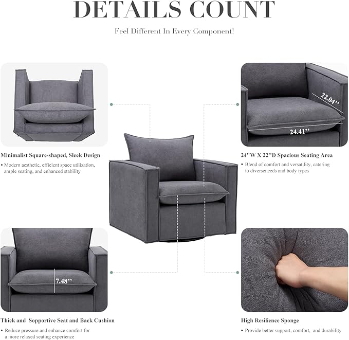 COLAMY Swivel Accent Chair Set of 2, 34 Inches Wide Upholstered Arm Chair with Plump Back Pillow, Modern Sofa Living Room Chair for Bedroom, Corner, Reading Nook-Grey