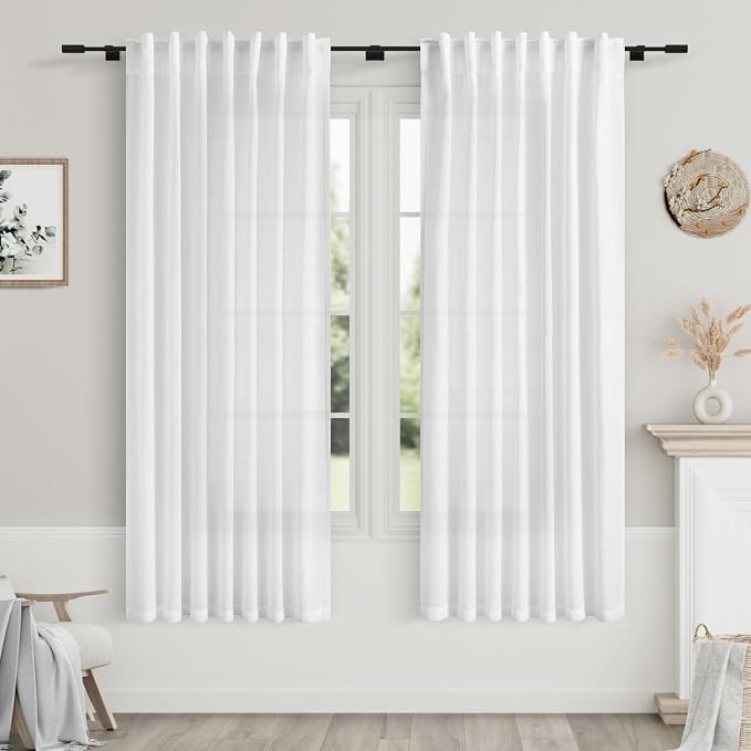 Nanspring White Semi Sheer Linen Curtains 58 Inch Length by Nanspring