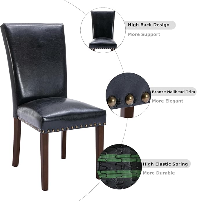 COLAMY Upholstered Parsons Dining Chairs Set of 4, PU Leather Dining Room Kitchen Side Chair with Nailhead Trim and Wood Legs - Black