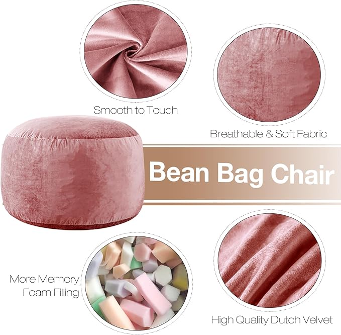 5 Ft Bean Bag Chairs for Adults with Memory Foam Filling, Comfy Bean Bag Sofa with Filler Included, Soft Dutch Velvet Fabric Beanbags,5 Foot, Pink