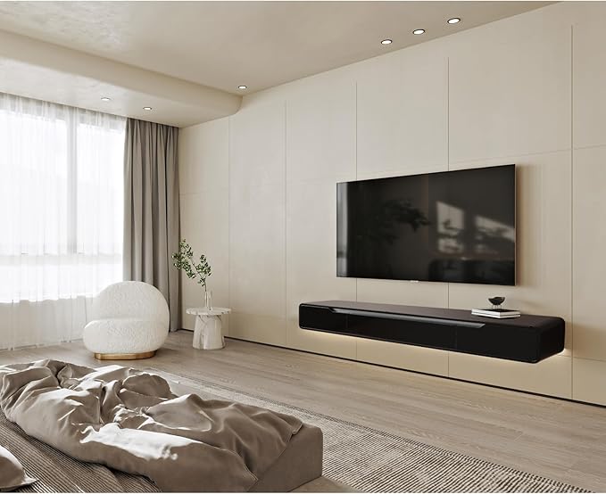 High Gloss Floating TV Stand with 3 Doors,47'' Wall Mounted TV Cabinet,Under TV Console,Floating Media Shelft for Bedroom Living Room(Black)