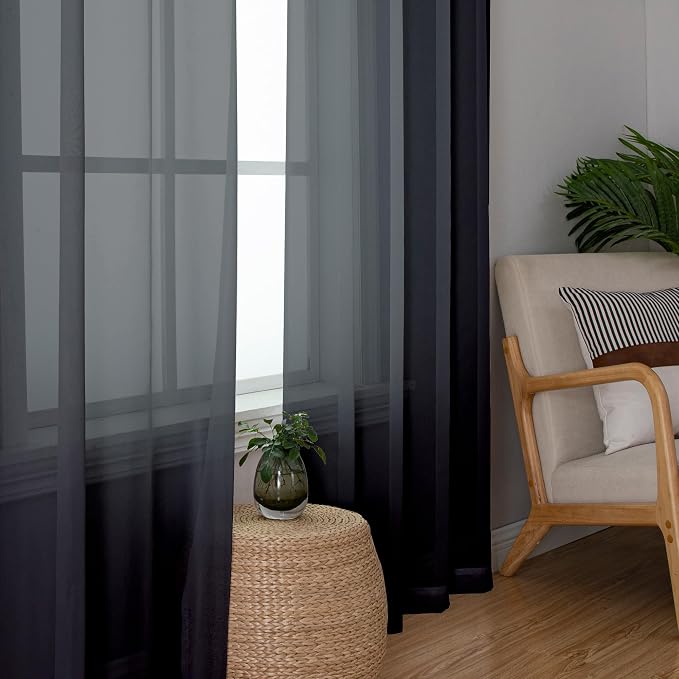Lecloud Black Sheer Curtains 78 Inches Long 2 Panels Set, Privacy Voile Light - Image 2