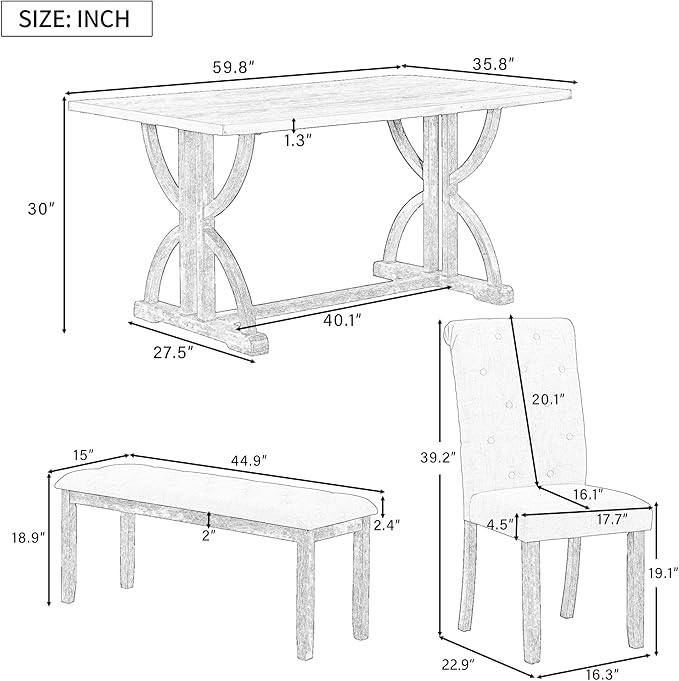 Ball & Cast 6-Piece Dining Table Set, 60" Rectangular Dining Table with 4 Upholstered Chairs & 1 Bench for Dining Room and Kitchen Natural Wood Wash