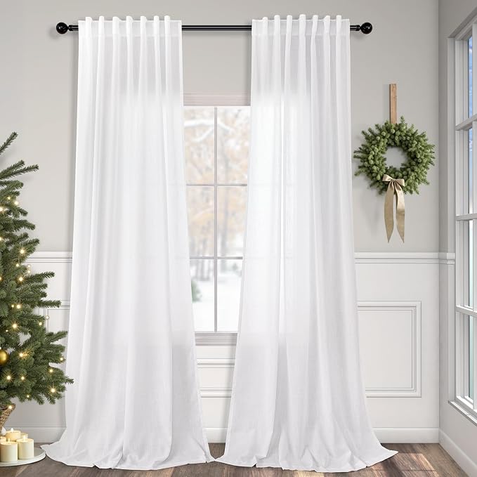 Pitalk White Linen Curtains 95 Inches Long 2 Panel Set by Pitalk