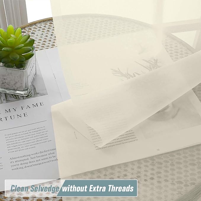 Cream Sheer Curtains for Window 96 Inches Long 2 Panels Set, Soft Airy Light - Image 2