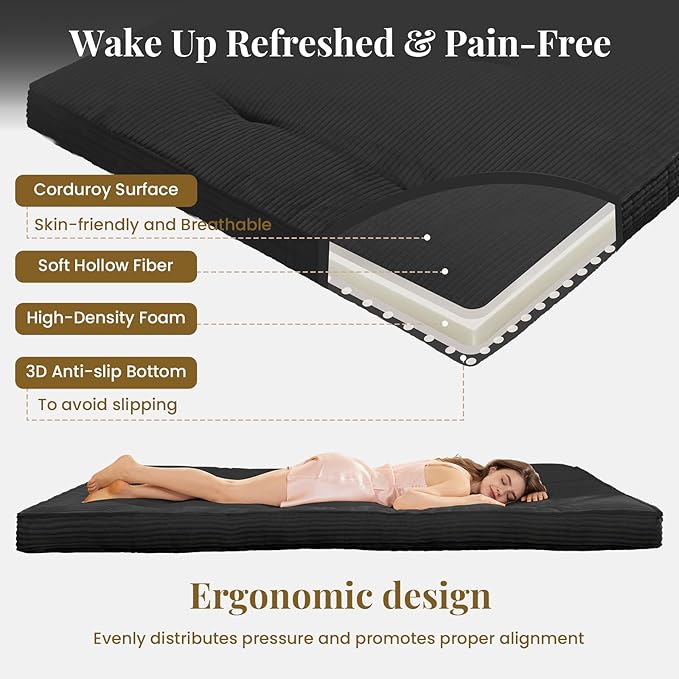 Japanese Floor Mattress, 4" Thicken Futon Mattress Full Size Sleeping Pad, Corduroy Foldable Mattress Pad Roll Up Tatami Mat Floor Mattress for Adults（Black）