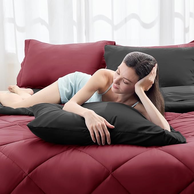 HEVUMYI Red & Black Twin Comforter Set - 5-Piece All Season Bed in a Bag Twin, Ultra Soft Burgundy Bedding Set with Comforter, Flat Sheet, Fitted Sheet, Pillowcases, Pillow Shams, Burgundy Red & Black
