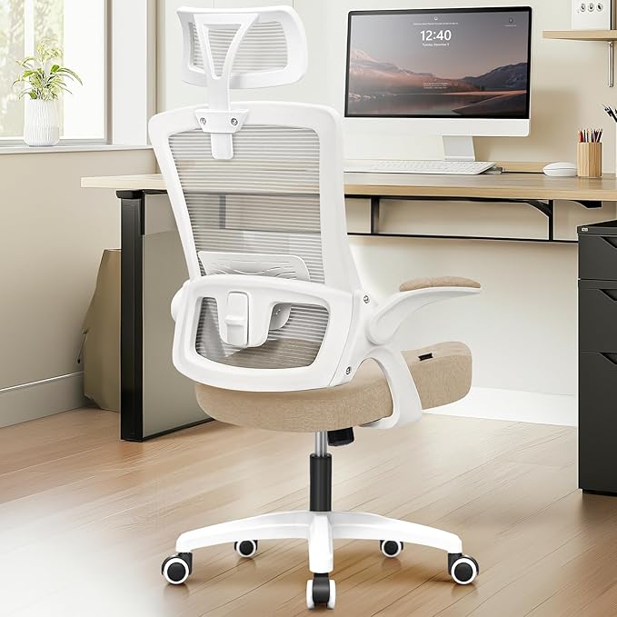 NEO CHAIR Ergonomic Office Desk Chair High Back Computer Gaming Mesh Chair with Comfy Task Adjustable Arms Lumbar Support Headrest Swivel for Home Office (Beige)