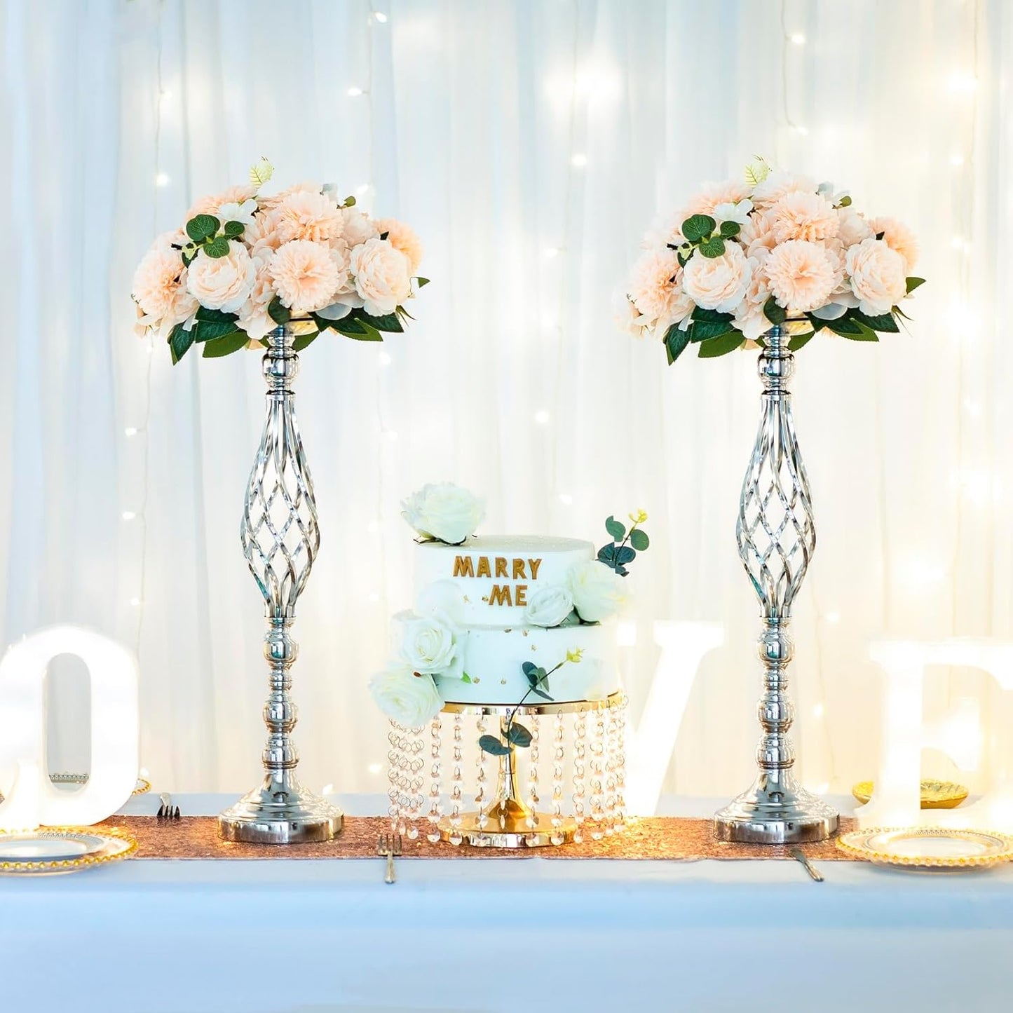 LANLONG 2pcs Metal Silver Candle Holders Road Lead Table Centerpiece Stand Pillar Candlestick for Wedding Candelabra Flowers Vases