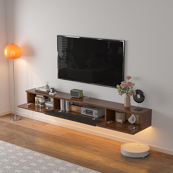 High Gloss Floating TV Stand,94'' Wall Mounted TV Console,Under TV Floating Shelf,Floating TV Cabinet with 3 Doors for Bedroom Living Room(Walnut)