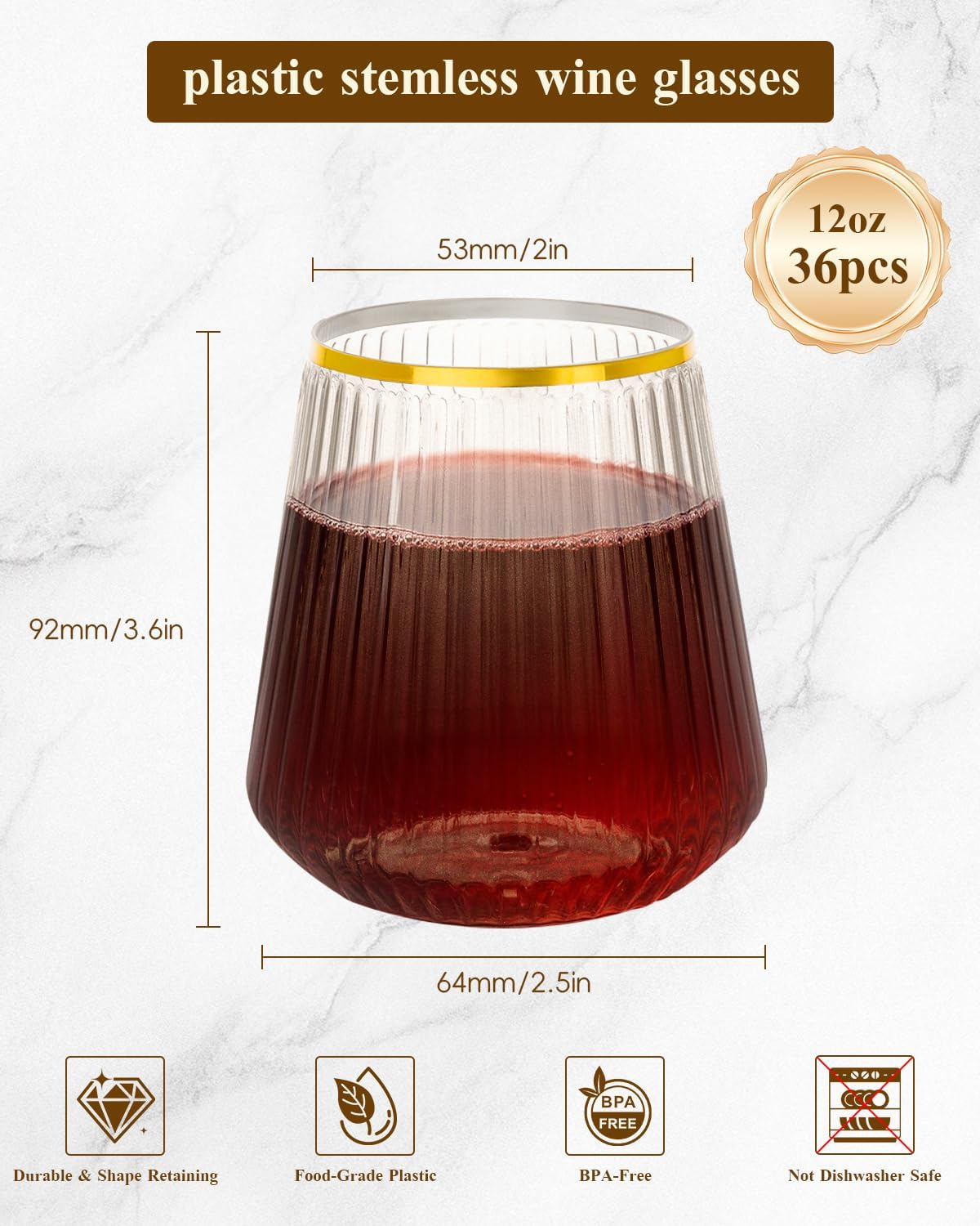 Goodluck 36 Pack 12oz Stemless Plastic Wine Glasses – Clear Ribbed Cups with Gold Rim, Fancy Reusable Disposable Drinkware for Weddings, Parties, Bars, Indoor and Outdoor Events