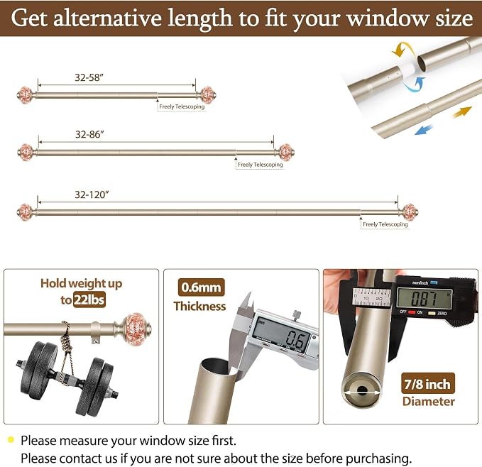 7/8 Inch Curtain Rods for Windows 66 to 120 Inch, USFOOK Telescoping Splicing - Image 6