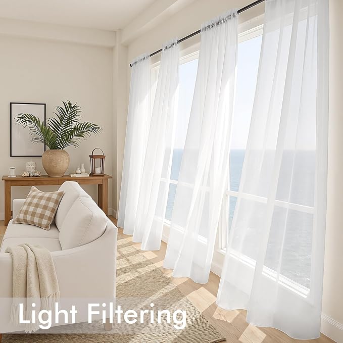 MIULEE White Sheer Curtains 108 Inches Long, 4 Panels Set, Light Filtering Rod - Image 4