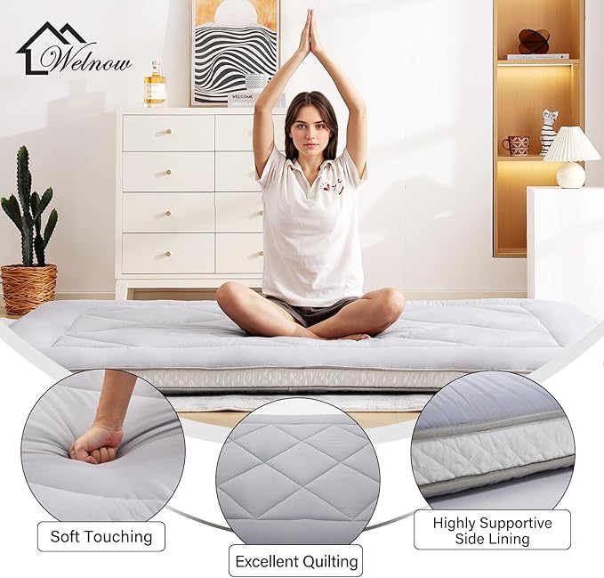 Welnow Japanese Futon Floor Mattress, Thick Queen Size Tatami Mat Portable & Foldable Roll Up Floor Bed Mattress with Storage Bag, Sleeping Pad for Adults, Dorm, Guest Bed, Camping and Travel, Grey