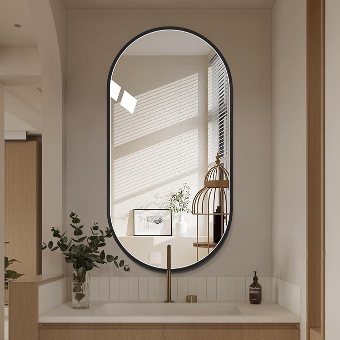LAIYA 48x30inch Oval Wall Bathroom Mirror with Black Aluminum Frame,Wall Mounted Oval Vanity Mirrors， Explosion-Proof Glass, Waterproof Design, Easy Installation，Horizontally/Vertically