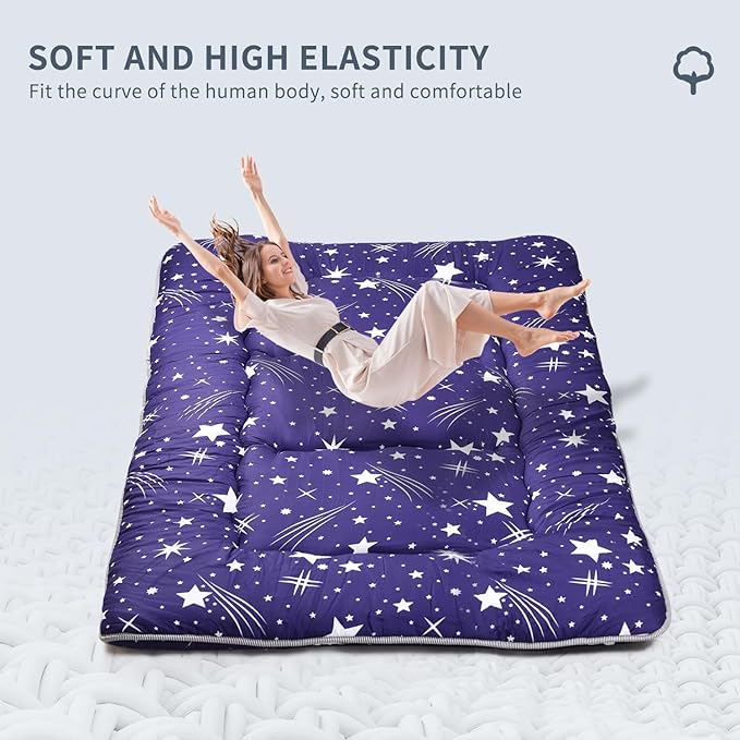 Japanese Floor Mattress,Roll Up Memory Foam Tatami Mat Easy to Store and Portable,Futon Mattress Suitable for Camping and Guest Room (Blue, Queen (80" X 60"))