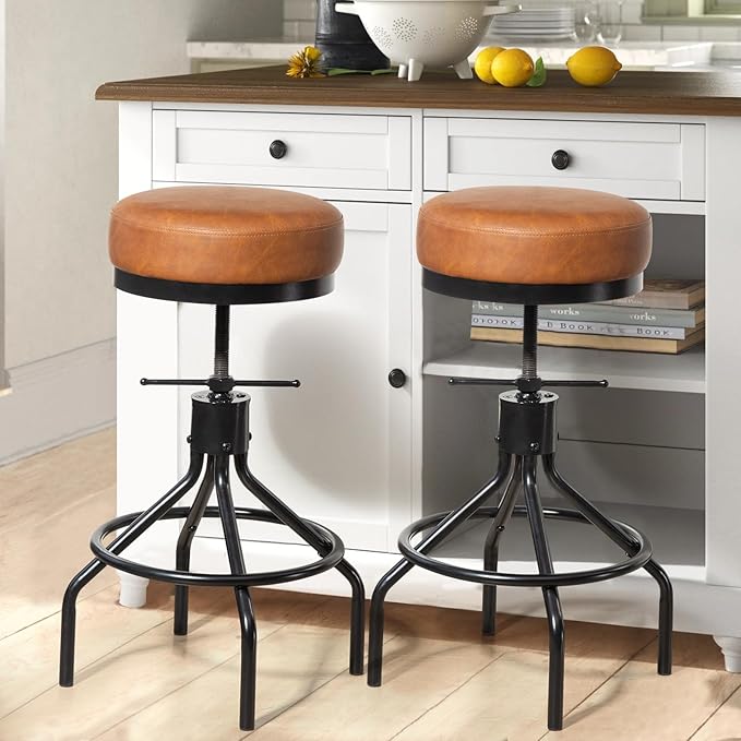 Industrial Bar Stools Set of 2 Adjustable Swivel Round Barstools Modern PU Leather 28inch Backless Counter Height Stool Metal Bar Chair for Kitchen Island (2, Brown)