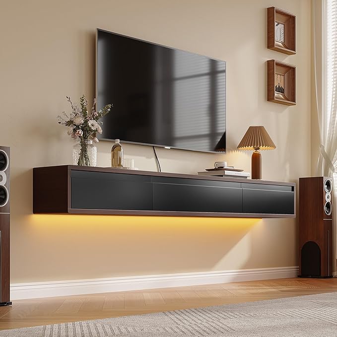 Floating TV Stand Matte Finish,70'' Wall-Mounted TV Cabinet,Floating TV Console,Under TV Shelf with 3 Doors for Living Room Bedroom(Walnut+Black)