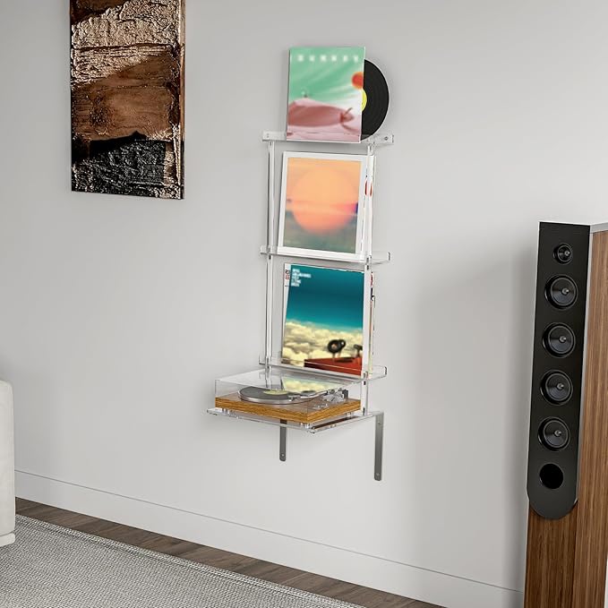 HMYHUM Wall Mounted Acrylic Record Player Stand, Clear Floating Record Player Table with Vinyl Storage, Modern, 15.6" L x 11.6" W x 40.2" H