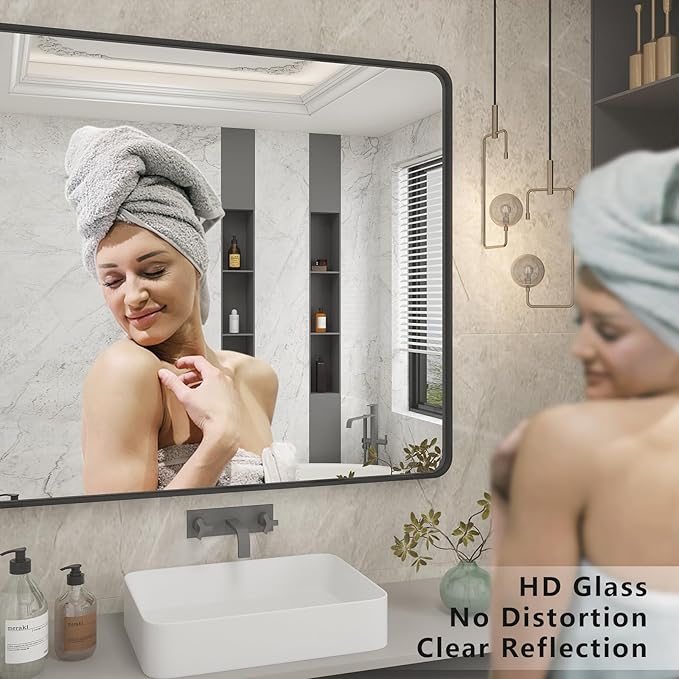 48x36 Matte Black Bathroom Mirror, Modern Rectangle Metal Framed Mirrors for Wall, Rounded Corners, Shatter-Proof (Horizontal/Vertical)