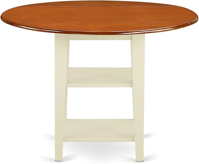 East West Furniture SUAN5-BMK-W 5 Piece Modern Dining Table Set Includes a Round Wooden Table with Dropleaf & Shelves and 4 Dining Room Chairs, 42x42 Inch, Buttermilk & Cherry