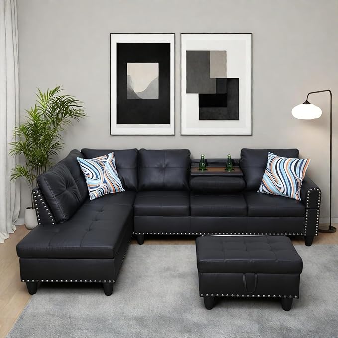 Modern Living Room Furniture Sets with Cup Holder, Modular Sectional Couches with Chaise Lounge, 4-Seaters L Shape Sofa with Storage Ottoman, for Living Room, Faux Leather, Black