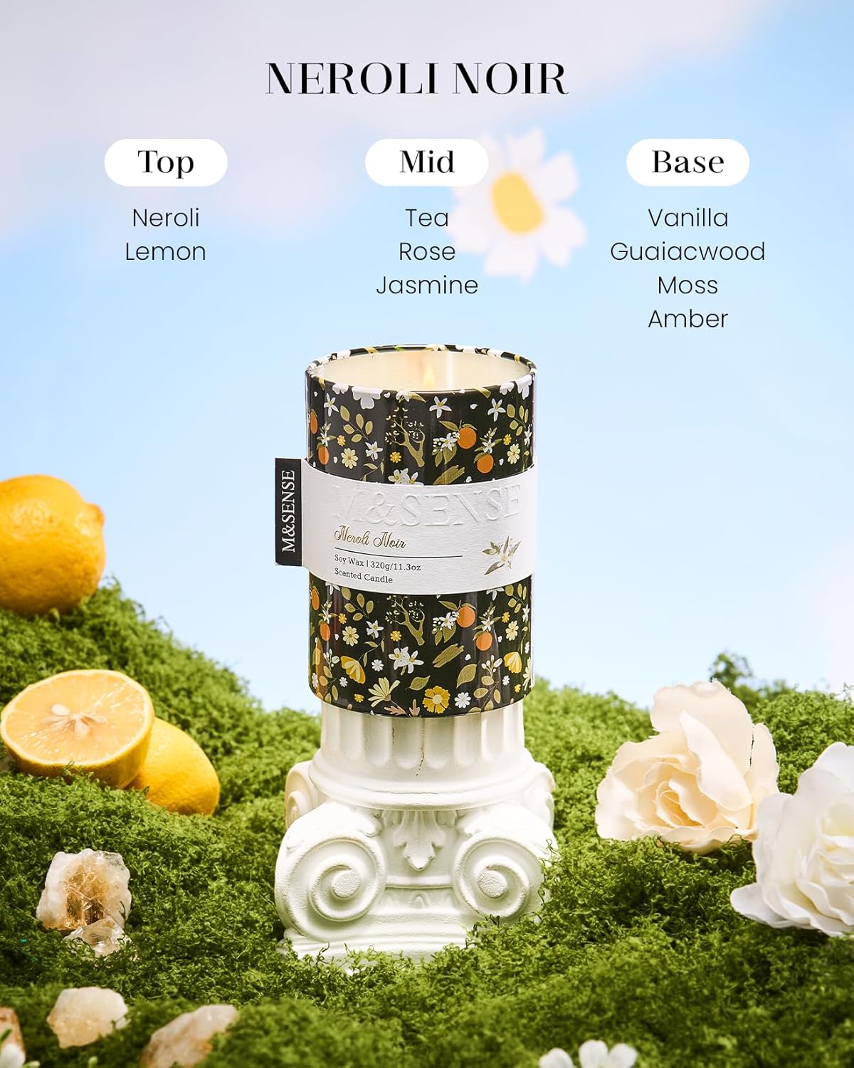 M&SENSE Neroli Noir Scented Candle, Medium Jar Candle 11.3oz Natural Soy Wax for Home Scented, Floral Candles Gift for Spring Holiday, Up to 70 Hours Burning Long-Lasting Fragrance