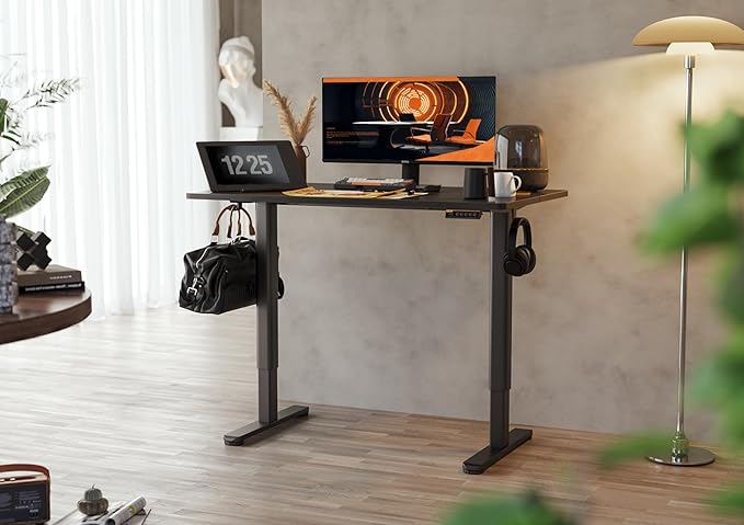 Claiks Electric Standing Desk, Adjustable Height Stand up Desk, 48x24 Inches Sit Stand Home Office Desk with Splice Board, Black Frame/Black Top