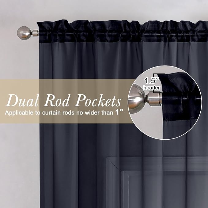 Lecloud Black Sheer Curtains 45 Inch Long 2 Panels, Short Voile Drapes - Image 2