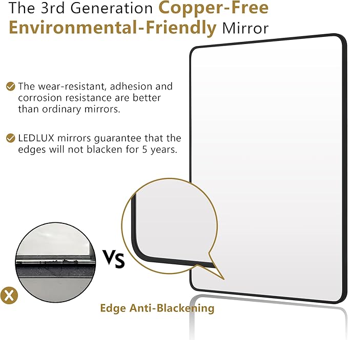 24"x32" Bathroom Wall Mirror with Matte Black Metal Frame & HD Glass, Copper-Free Mirrors Modern Rectangle Round Corner Framed Vanity Mirror - Horizontal or Vertical Installation