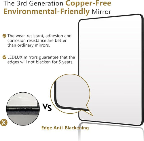 20"x40" Bathroom Wall Mirror with Matte Black Metal Frame & HD Glass, Copper-Free Mirrors Modern Rectangle Round Corner Framed Vanity Mirror - Horizontal or Vertical Installation