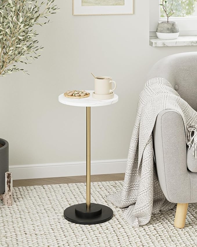 Round Side Table, Small Drink Table for Small Spaces, Modern Accent End Table Coffee Table with Metal Leg for Living Room, Bedroom, Corners, and Office (White Marble)