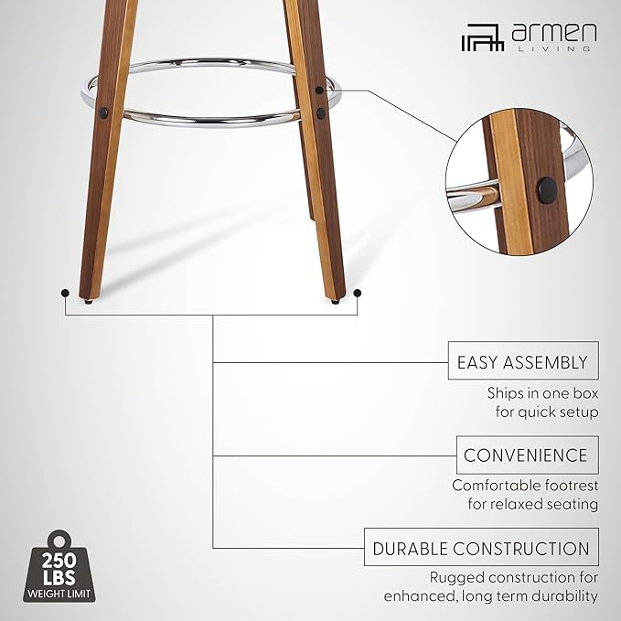 Armen Living Shelly 26" Counter Height Swivel Brown Faux Leather and Walnut Wood Bar Stool - Set of 2