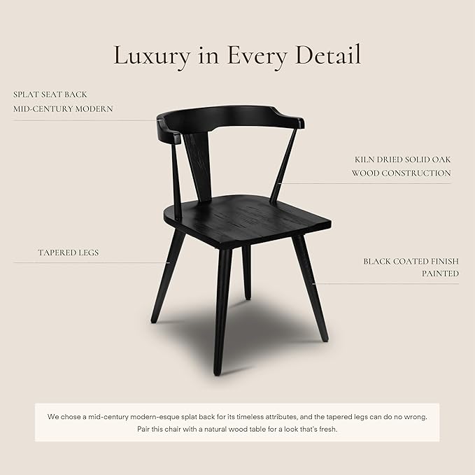 POLY & BARK Mid Century Modern Enzo Black Dining Chair – Solid Oak Wood Splat Back Chair, 18" Seat Height, 32" Tall – Stylish MCM Kitchen & Dining Room Chair