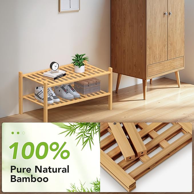 Haddockway Large 2 Tier Bamboo Shoe Rack Storage Organizer,Multifunctional Free Standing Stackable Shoe Shelf with Grid Panel for Closet,Hallway,Entryway,Small Space 27"x12"x14"(Natural, 2-Tier Large)