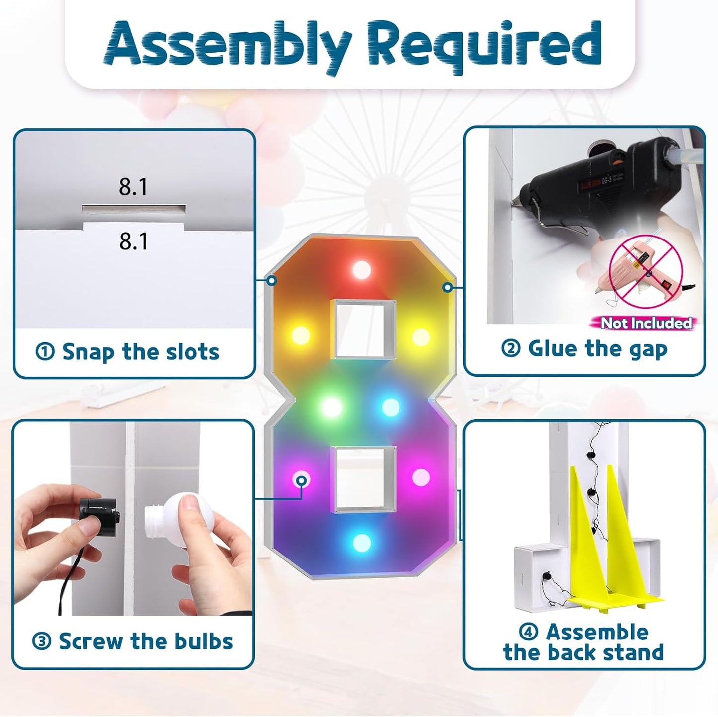 imprsv 3FT Colorful Marquee Numbers,18 Colors Number 8 with Remote, Light Up Numbers Sign for 1st Birthday Decorations Anniversary Party Decor, Pre-Cut Foam Board Kit, Mosaic Sign for Balloon