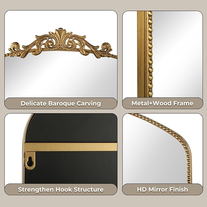 Large Ornate Gold Antique Mirror 40” x 30”, Vintage Wall Mirror with Gold Beaded Arch Frame, Dresser Mirror for Dining Room,Living Room, Sofa Wall, or Hallway Decor