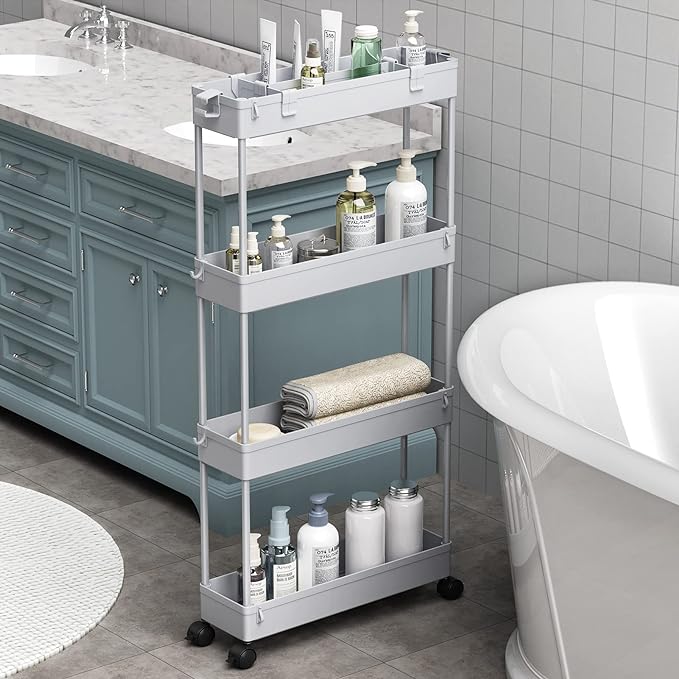 SPACELEAD Slim Storage Cart 4 Tier,Bathroom Organizer Rolling Utility,Mobile Shelving Unit Slide Out for Office, Kitchen, Laundry Room & Narrow Places,Gray