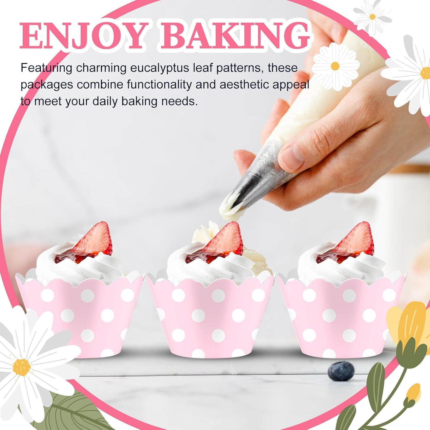 Domensi 100 Pcs Pink Polka Dots Cupcake Wrappers Rustic Cupcake Liners Baking Cups Baking Liners for Wedding Bridal Baby Shower Birthday Breast Cancer Awareness Party Supplies Dessert Decoration