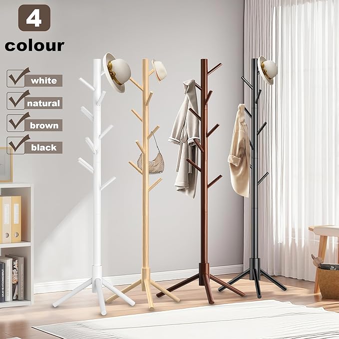 Wooden Coat Rack Stand, Freestanding Coat Rack with 8 Hooks, 3 Adjustable Size Coat Tree for Hats, Coats, Scarves bags, Coat Hanger Stand Used in Bedroom/Office/Entryway (Natural)