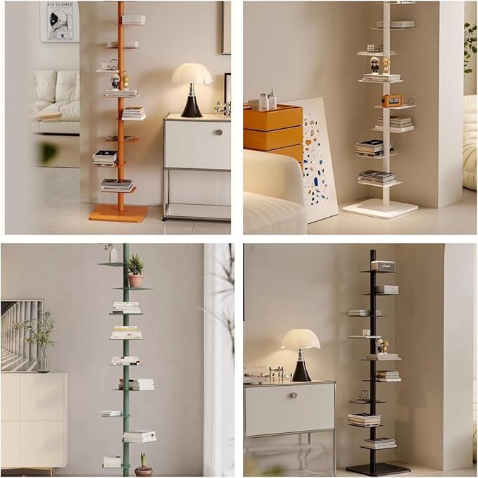 9-Tier Spine Bookshelf Metal Bookcase 5 Colors Vertical Bookshelf Tower Rotating Tall Narrow Bookshelf Ladder Book Rack Indoor (Orange)