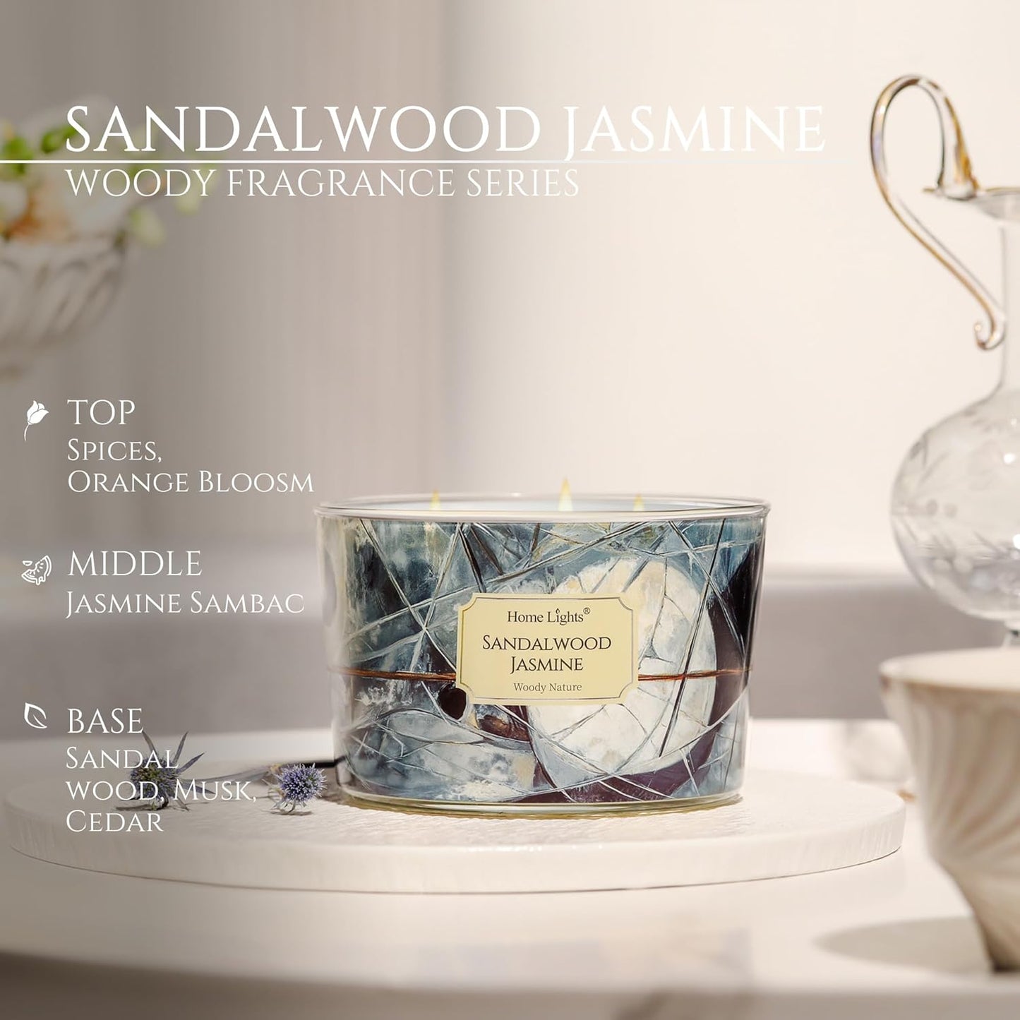 HomeLights Soy Wax Candles for Home Scented, 4-Wick Candles in Sandalwood Jasmine Scented, Industrial Chic Aromatherapy Candles Gift for Parties, Relaxing, 18oz